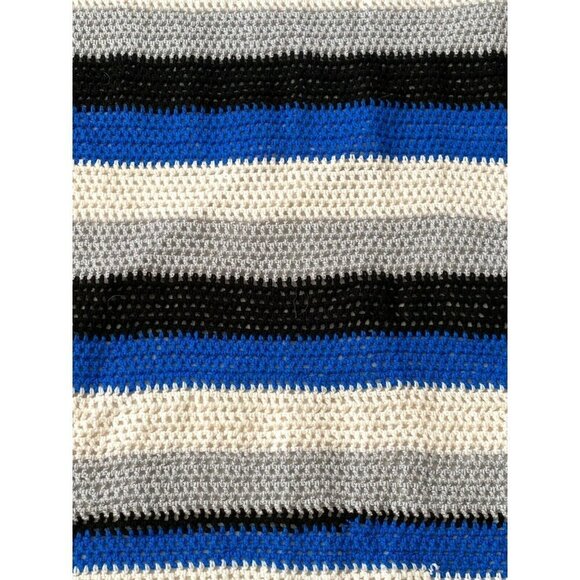 Vintage 70s Hand Crocheted Afghan Lap Throw Baby Blanket Blue Striped 80s‎ Boho - Picture 9 of 9